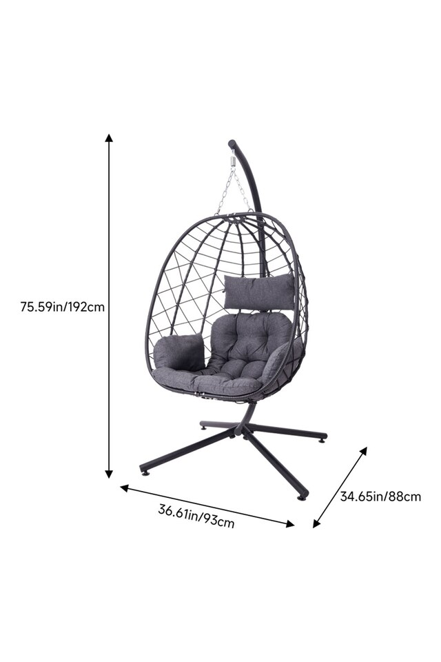 image 1 of Living and Home Swing Hanging Egg Chair with Cushion and Pillow, Black | Black | Cushion & Headrest Colour: Dark Grey | One Size