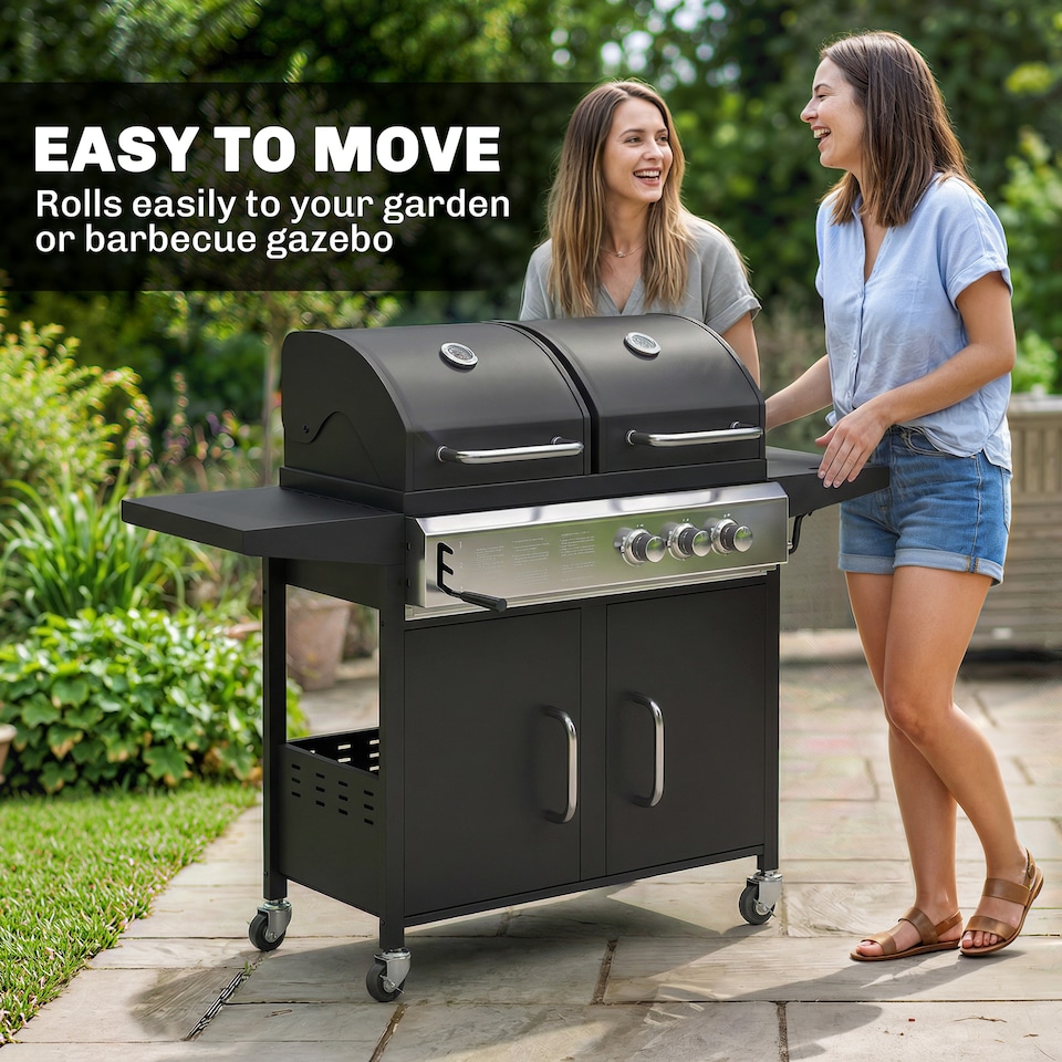 image 1 of Outsunny 3 Burner Hybrid Dual Fuel BBQ Gas Grill with Side Burner, Black | Black | Black | 148 x 60 x 110 cm