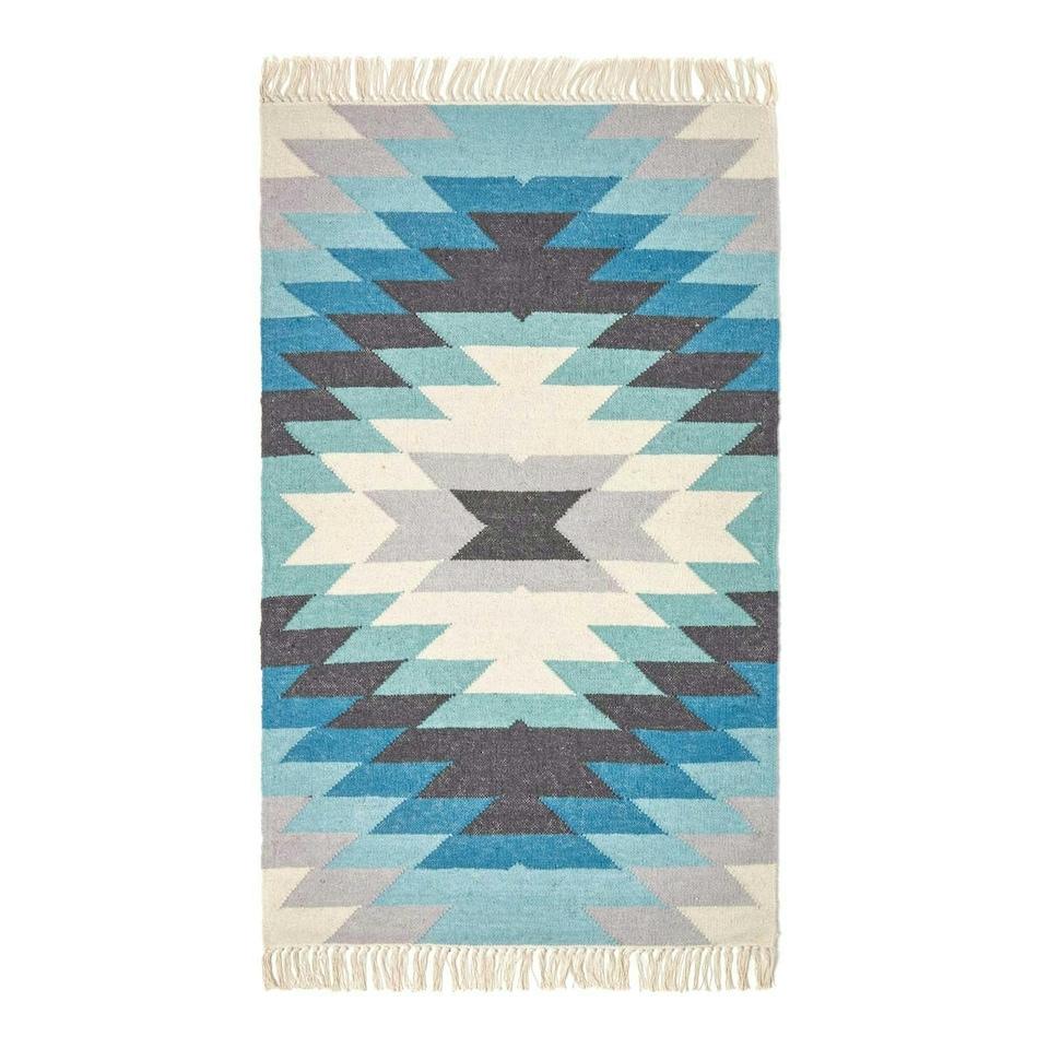 image 1 of Homescapes Helsinki Handwoven Geometric Blue Grey and Cream Kilim Wool Rug - 160 x 230 cm | Blue | Blue, green, grey and Cream