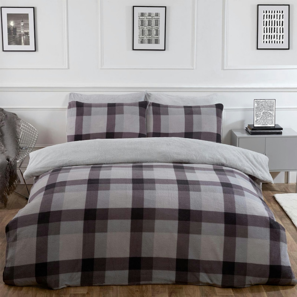 image 1 of OHS Check Print Teddy Fleece Duver Cover and Pillowcase Set, King - Grey