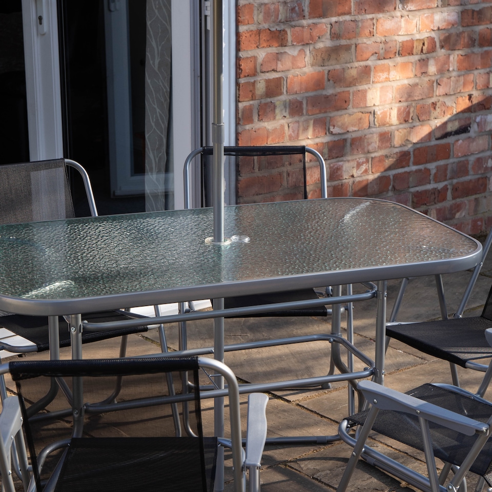image 1 of 6 Person Garden Furniture Patio Set Table, 6 Chairs & Parasol