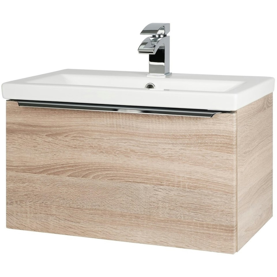 image 1 of 800mm Bathroom Sonoma Oak Wall Mounted Vanity Unit and Basin (Central) - Brassware not included Brown