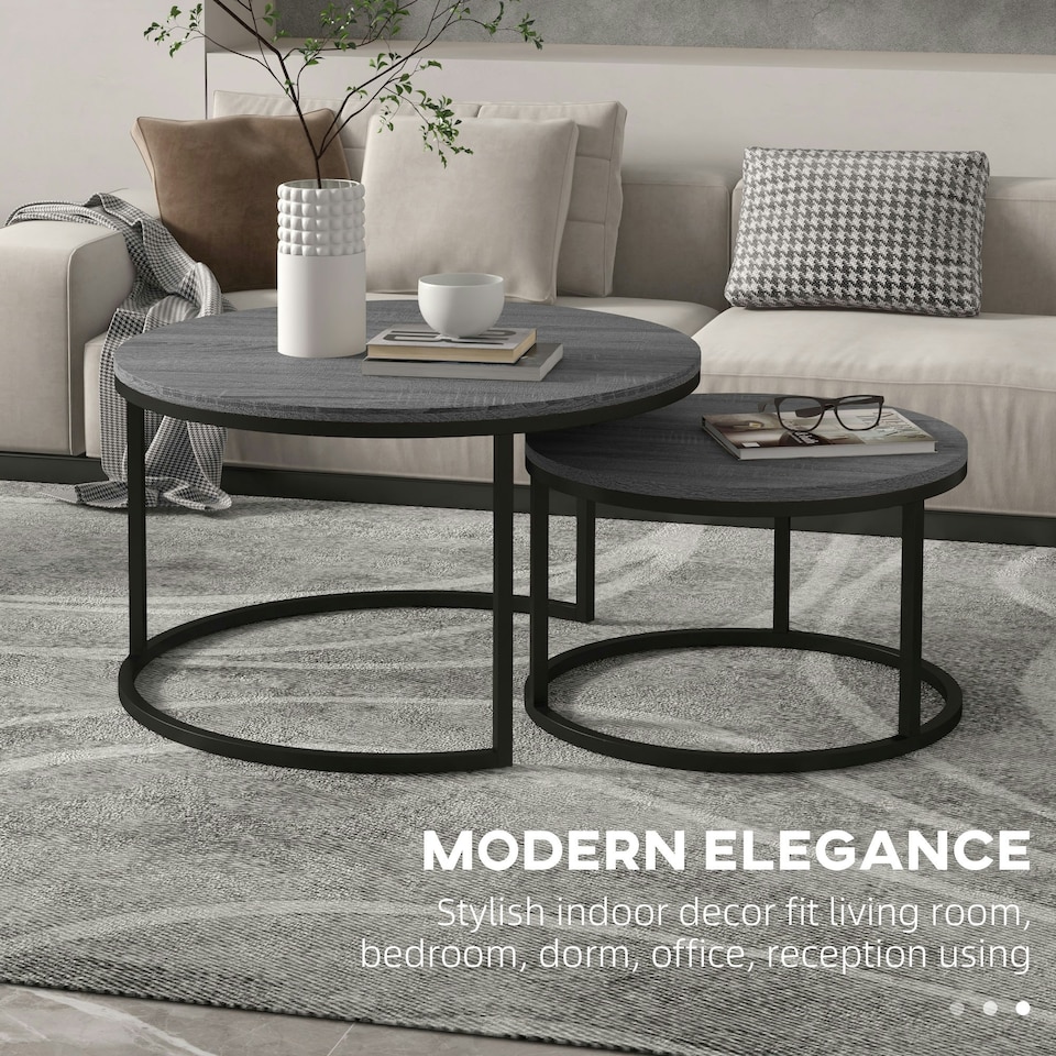 image 1 of HOMCOM 2 Pcs Stacking Coffee Table Set Steel Frame, Marble Grey Black