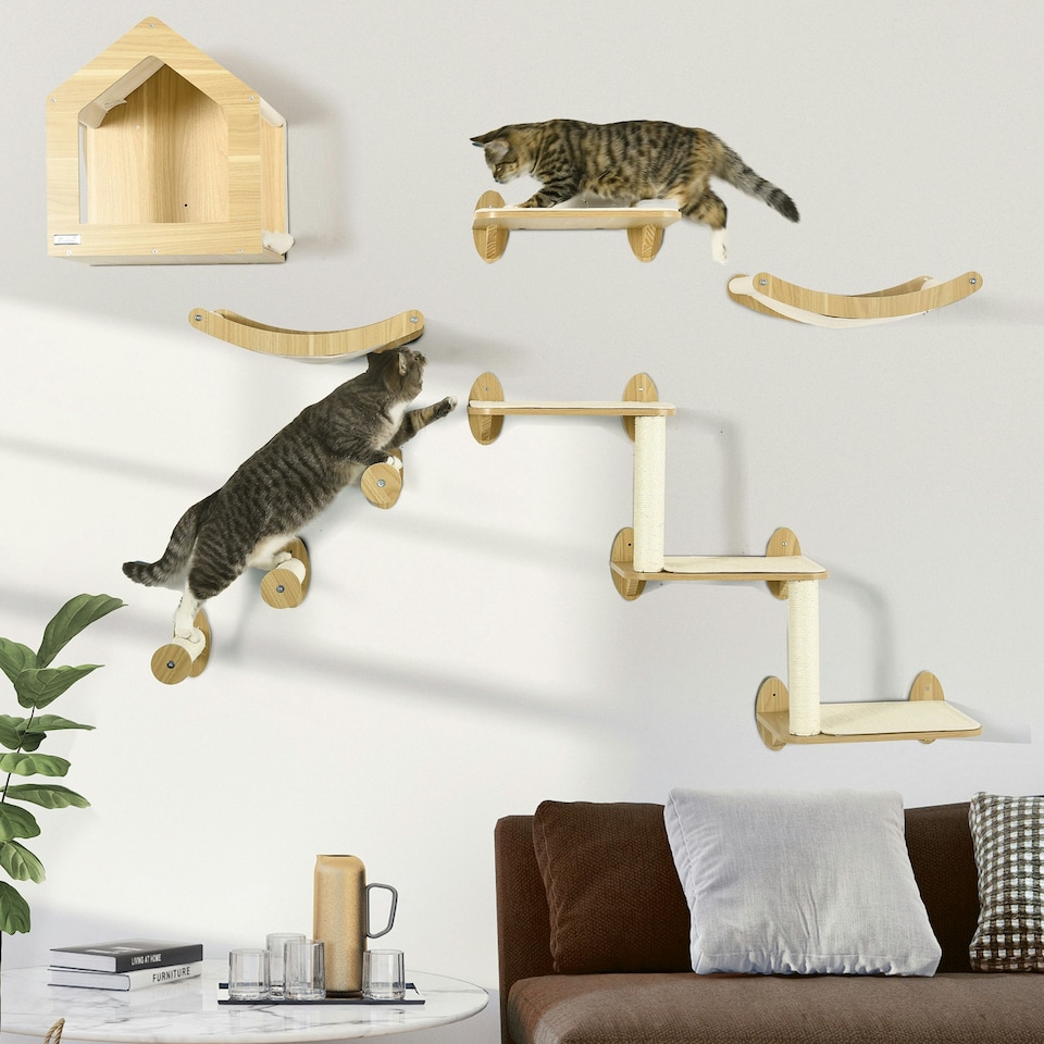 image 1 of PawHut Cat Wall Furniture Condo Perches Scratch Posts Steps 8 Piece Beige
