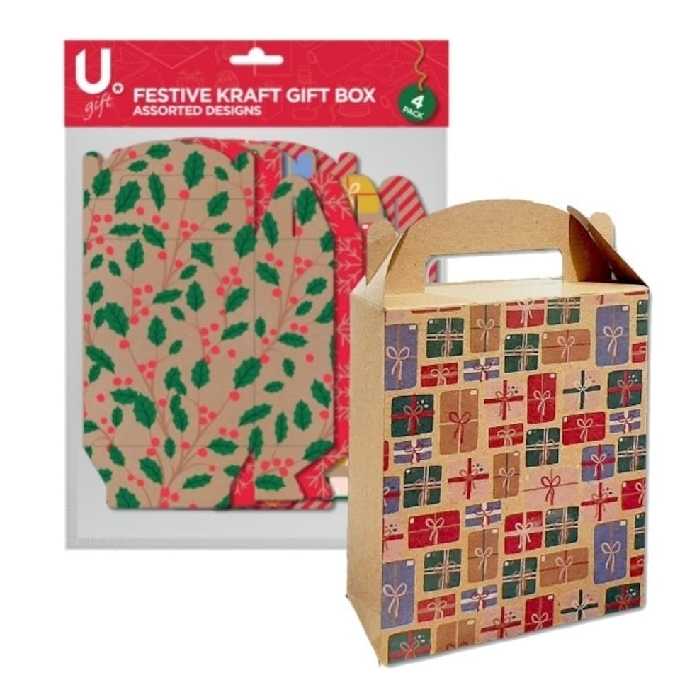 Pack of 4 Festive Kraft Designs Christmas Gift Boxes