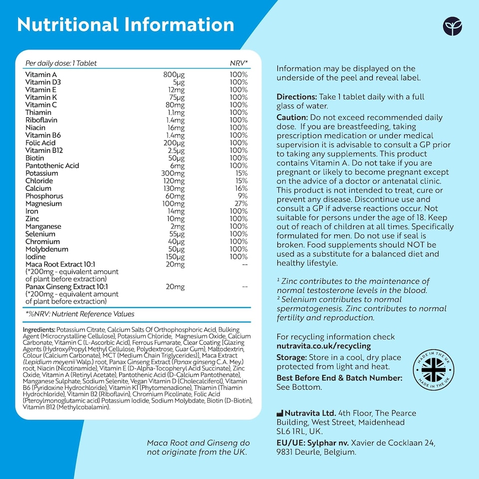 image 1 of Nutravita Men's Multivitamins and Minerals - 25 Essential Active Vitamins and Minerals with Maca Root and Panax Ginseng - 180 Vegan Tablets
