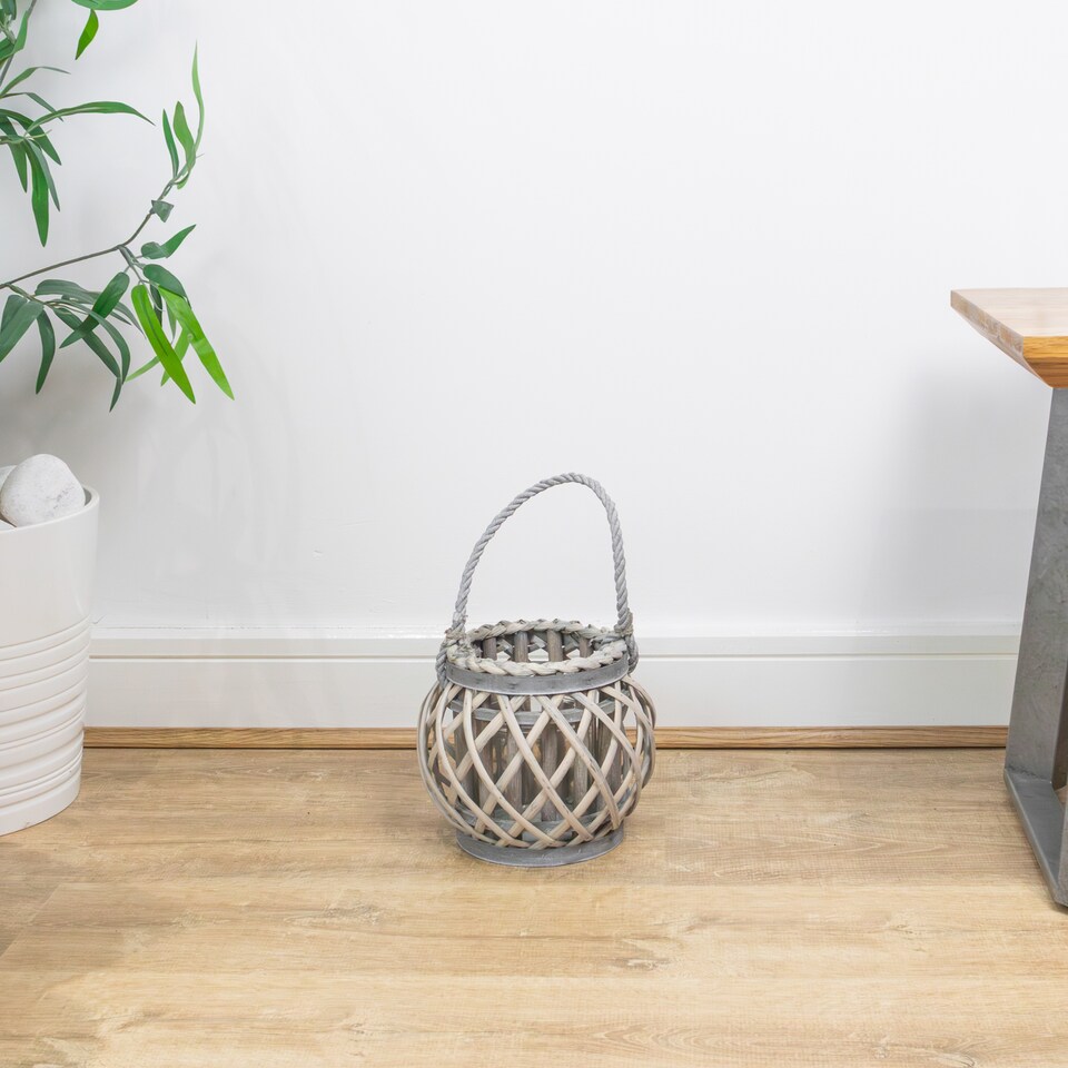 image 1 of JVL Luna Set of 2 Natural Round Willow Wood Lantern With Braided Rope Handle, Grey Wash