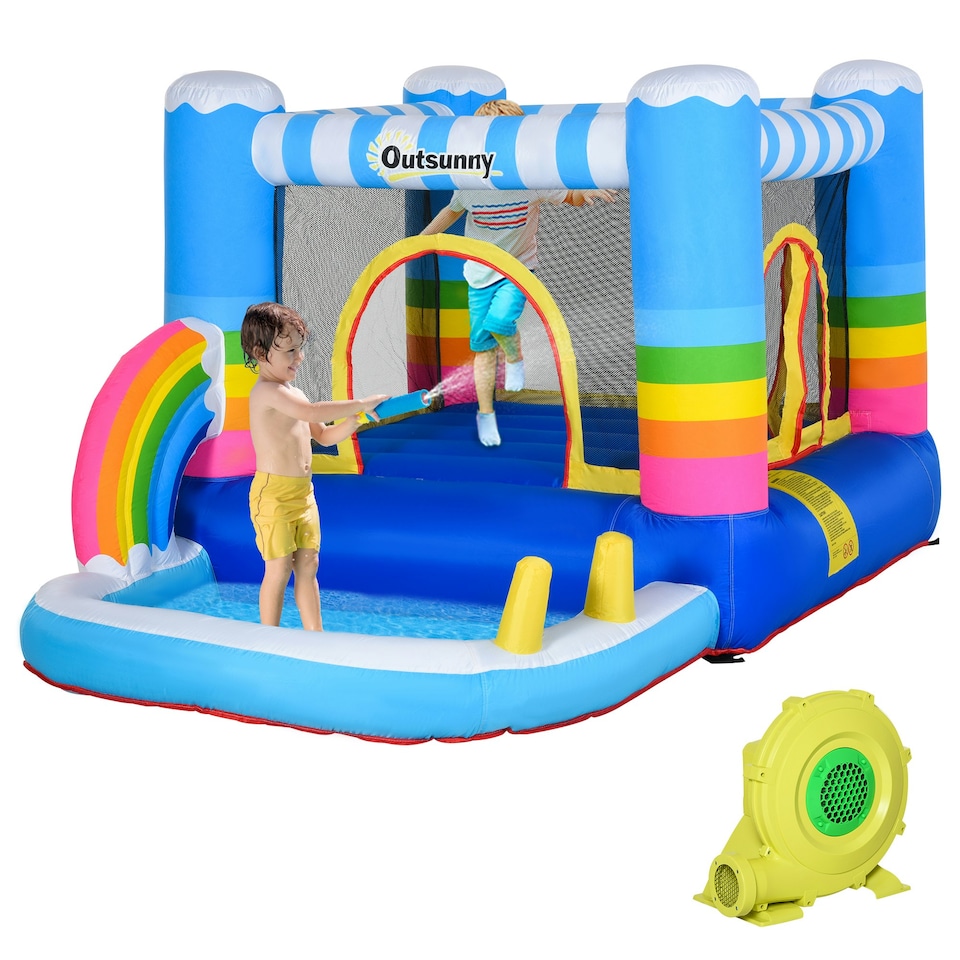 image 1 of Outsunny Kids Bouncy Castle with Pool Outdoor Trampoline W/ Net Blower 3-8 Yrs