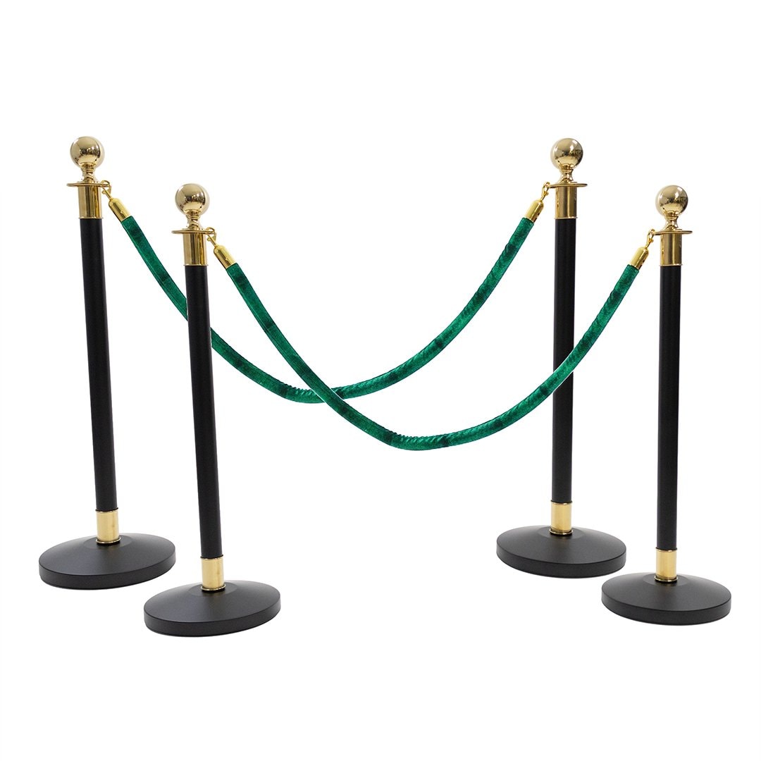 4 Gold Finish Black Stanchion Poles with 2 Dark Green Velvet Ropes ...