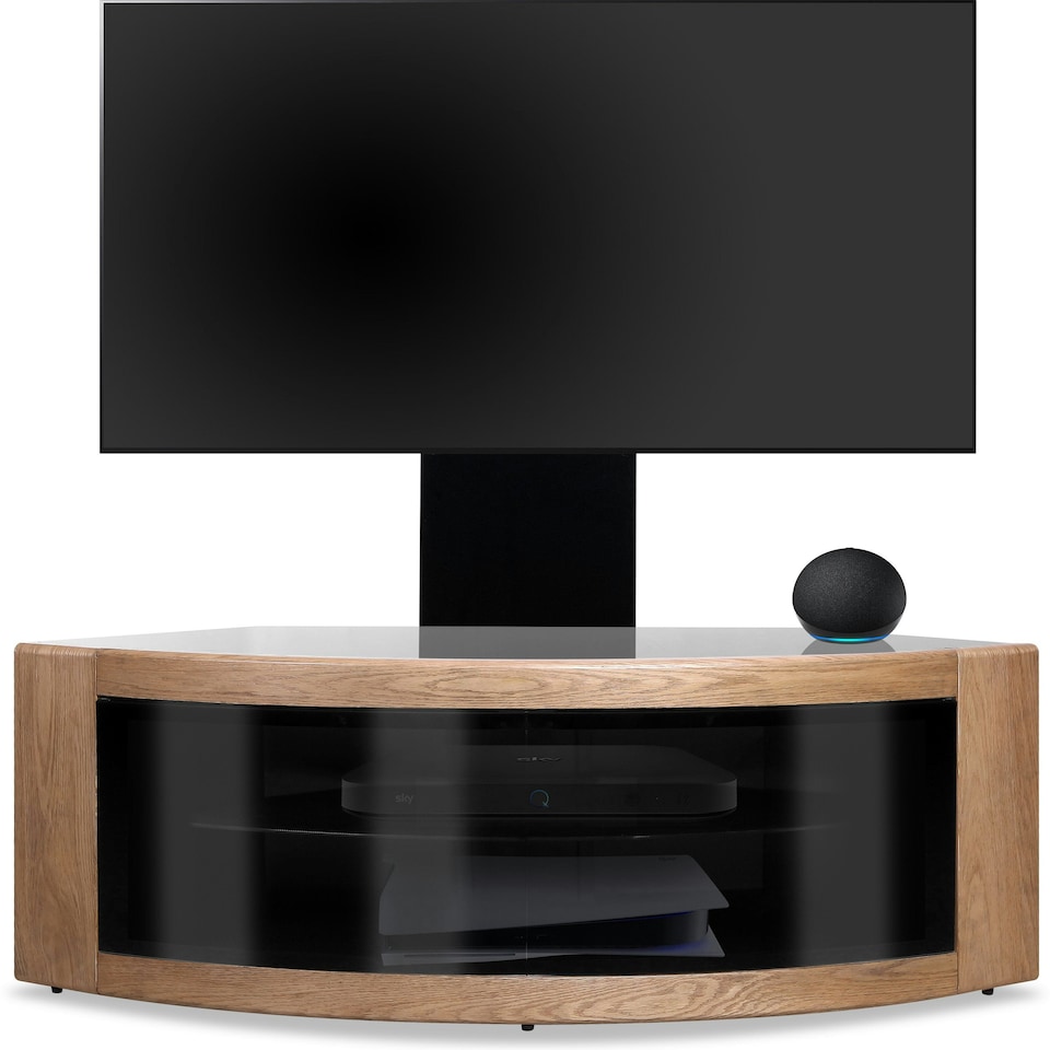 image 1 of Centurion Supports PANGEA Black/Oak Beam-Thru Curved True-Corner 32"-50" TV Cabinet with Mounting Arm Black | Oak