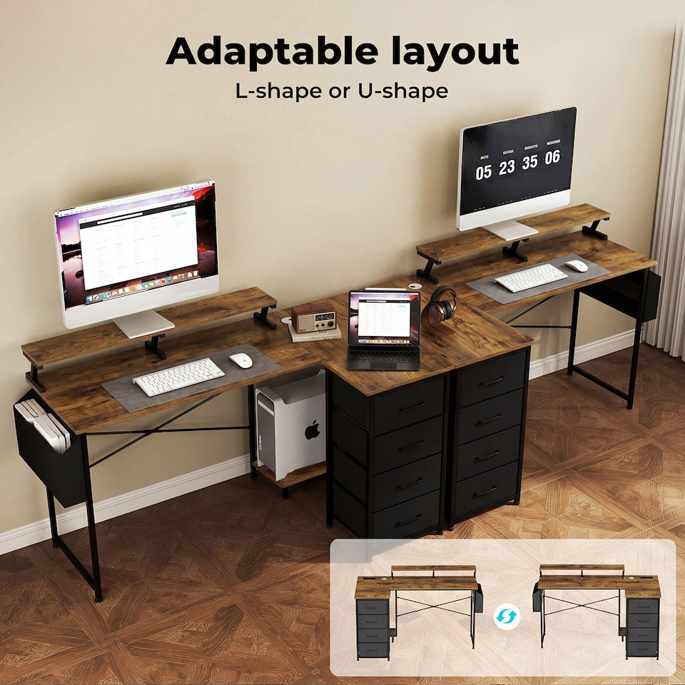 image 1 of Levede Gaming Desk L Shaped with USB Charging Port Power Outlet Walnut Color