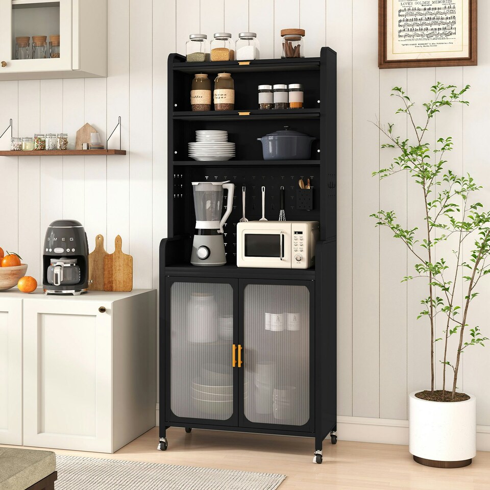image 1 of COSTWAY Kitchen Pantry Storage Cabinet with Large Countertop Black