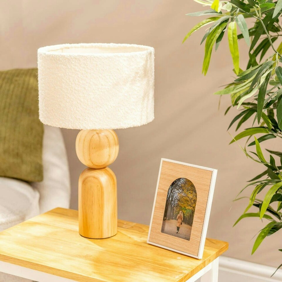image 1 of ValueLights Azalea Rustic Wooden Bedside Table Lamp with a Boucle Drum Lampshade Cream