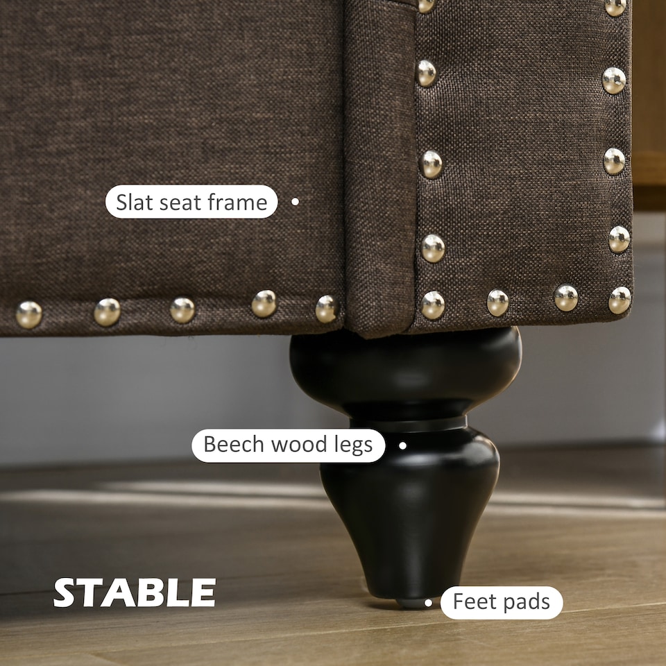 image 1 of HOMCOM 2 Seater Sofa, Fabric Sofa Couch with Nailhead Trim Rolled Arm and Slatted Wood Frame, Upholstered Loveseat Settee for Living Room, Bedroom, Home Office, Dark Brown