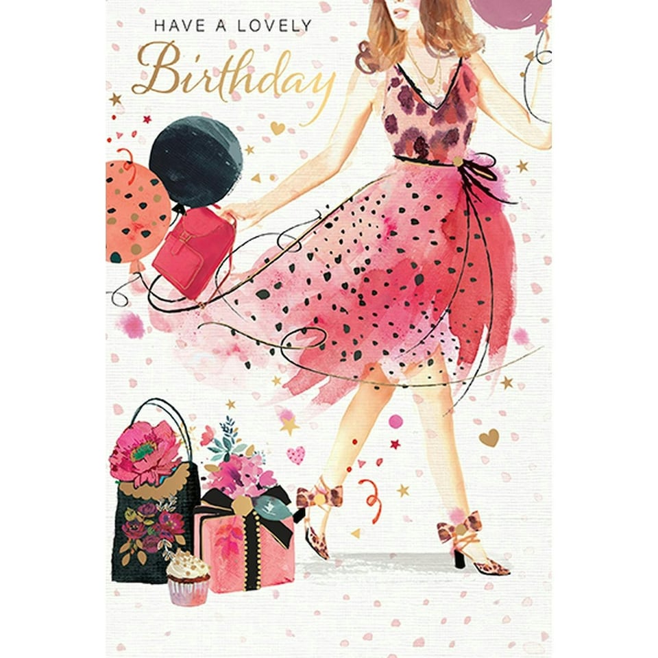 Words 'n' Wishes Female Birthday Card - General Card for Women - Party Girl with Presents and Balloons with Foil Finish - Eco-Friendly and Recyclable