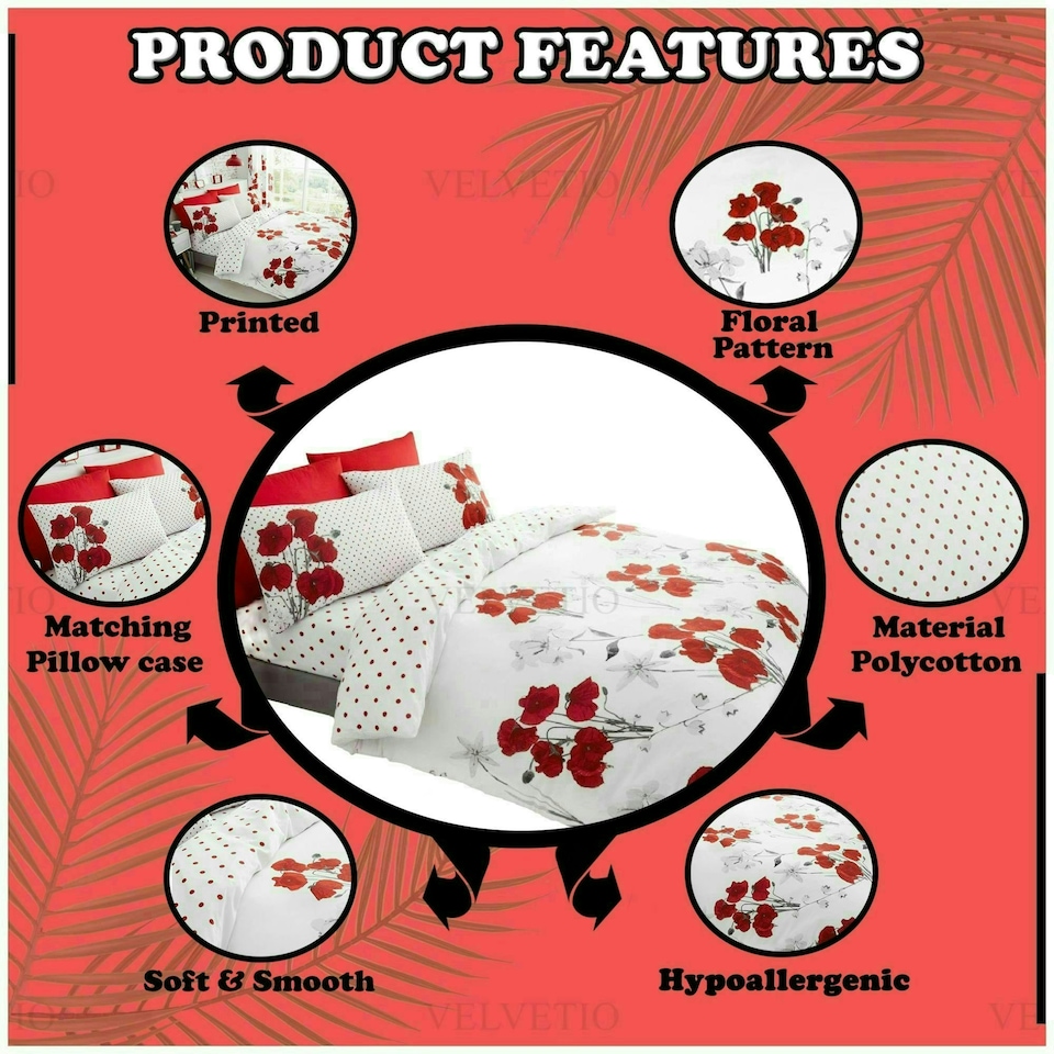image 1 of VELVETIO Poppy Flower Duvet Cover Set Reversible Polycotton Easy Care Beddings Red | Super King