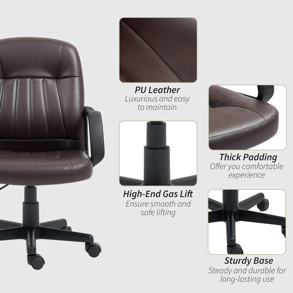 image 1 of HOMCOM PU Leather Office Chair Swivel Home Computer Desk Chair, Dark Brown