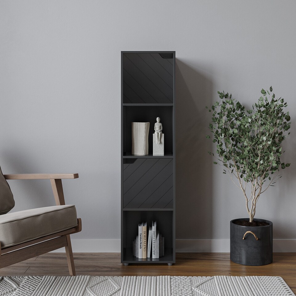 image 1 of 4 -Cube Tall Shelving Unit With Line Doors | Black | Black & Black | 1
