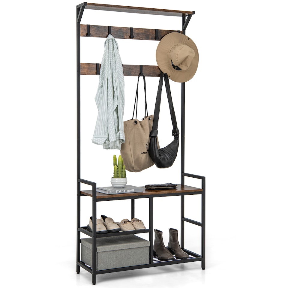 image 1 of COSTWAY 3 in 1 Coat Rack Hall Tree with Shoe Bench   Shoe Storage Coffee