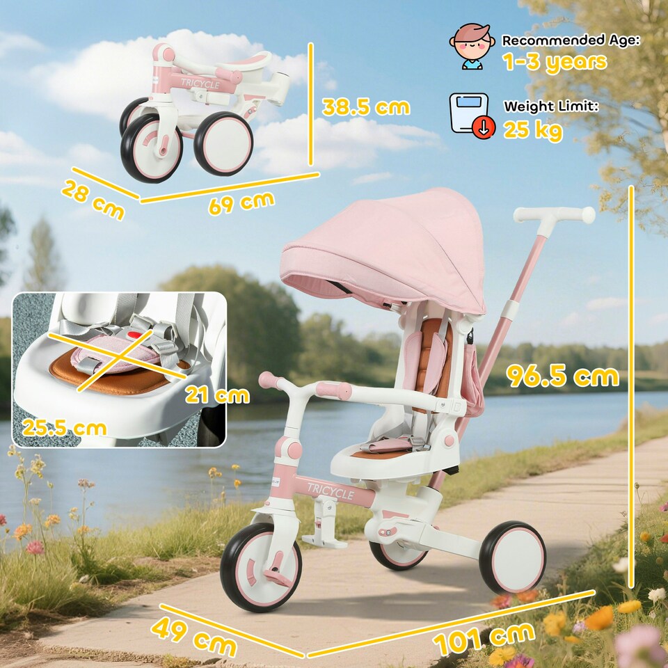 image 1 of AIYAPLAY 5 in 1 Foldable Kids Trike, Toddler Tricycle for 1-3 Years, Pink