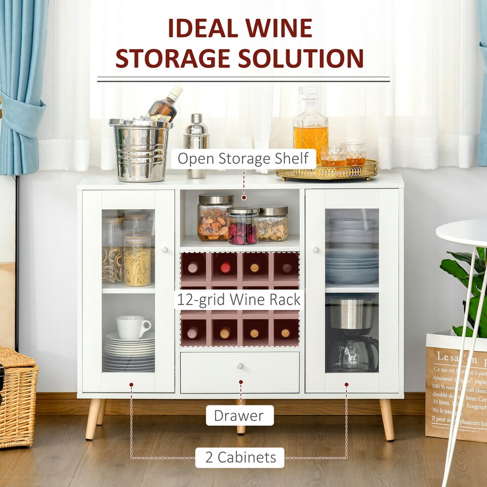 image 1 of HOMCOM Sideboard Cabinet Kitchen Cupboard with Glass Doors, Drawer & Wine Rack White | Natural wood legs