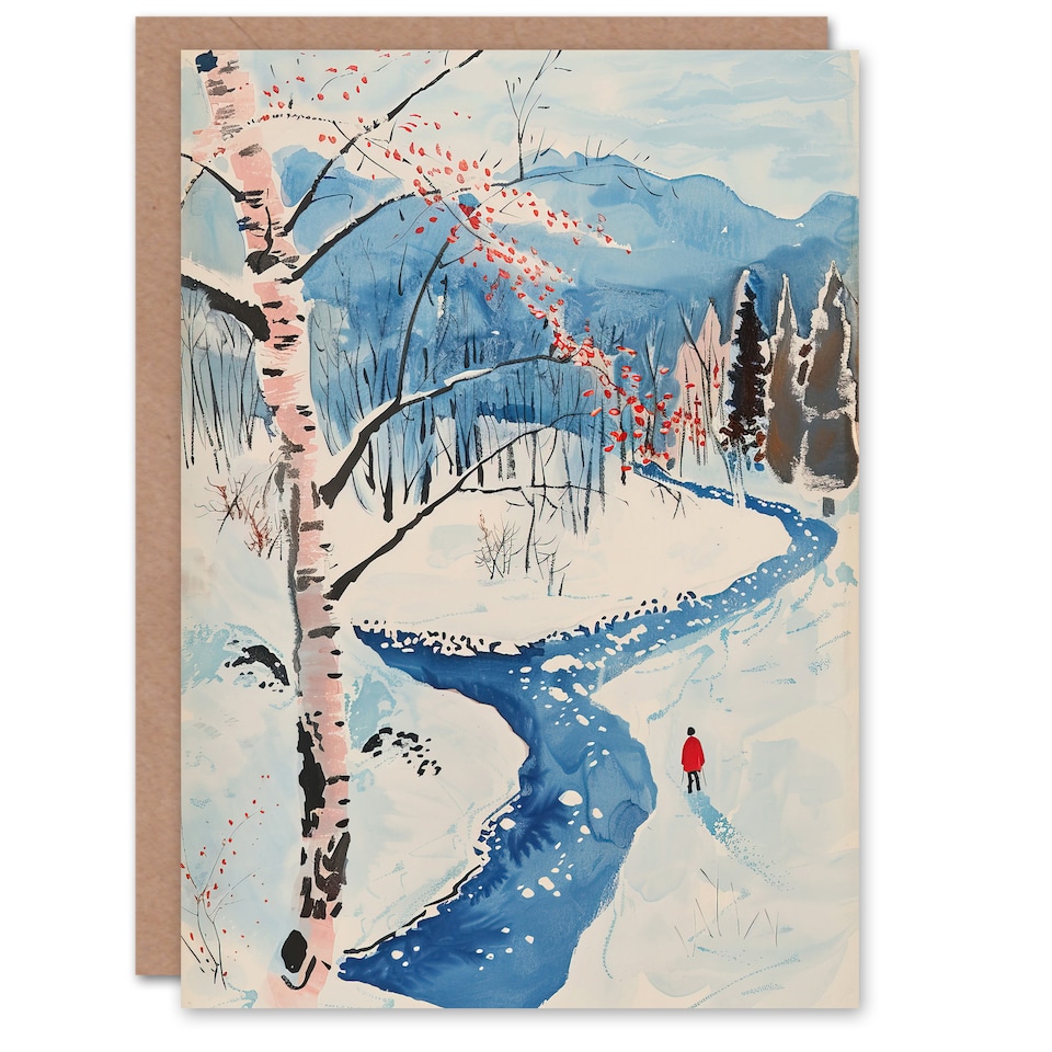image 1 of Greeting Card Winter Hike By River Forest Snow Landscape Birthday