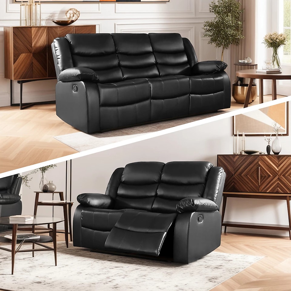 image 1 of Roma Recliner Leather 3 Plus 2 Seater Sofa Set, Armchair Inspired Home Theatre and Living Room Seating Black | Black | 2