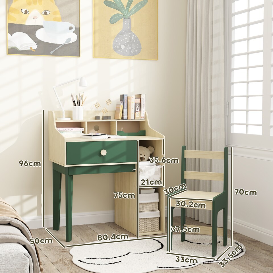 image 1 of AIYAPLAY Kids Desk and Chair Set with Storage Shelves, Drawer, Green