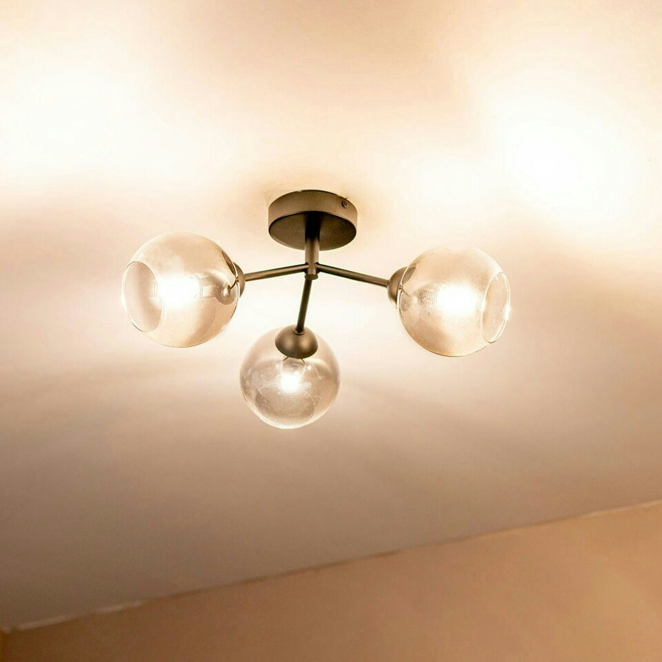 image 1 of ValueLights Aria Matte Black Semi-Flush 3 Way Ceiling Light with Smoked Grey Globe Shades