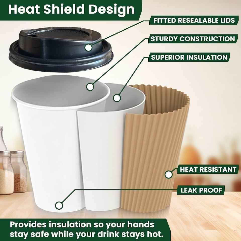 image 1 of ECONX 12oz Disposable Coffee Cups With Black Lid Ripple Insulated Paper Cups 100pc