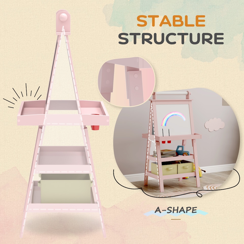 image 1 of AIYAPLAY Double-Sided Art Easel for Kids w/ Paper Roll, Storage Baskets Pink