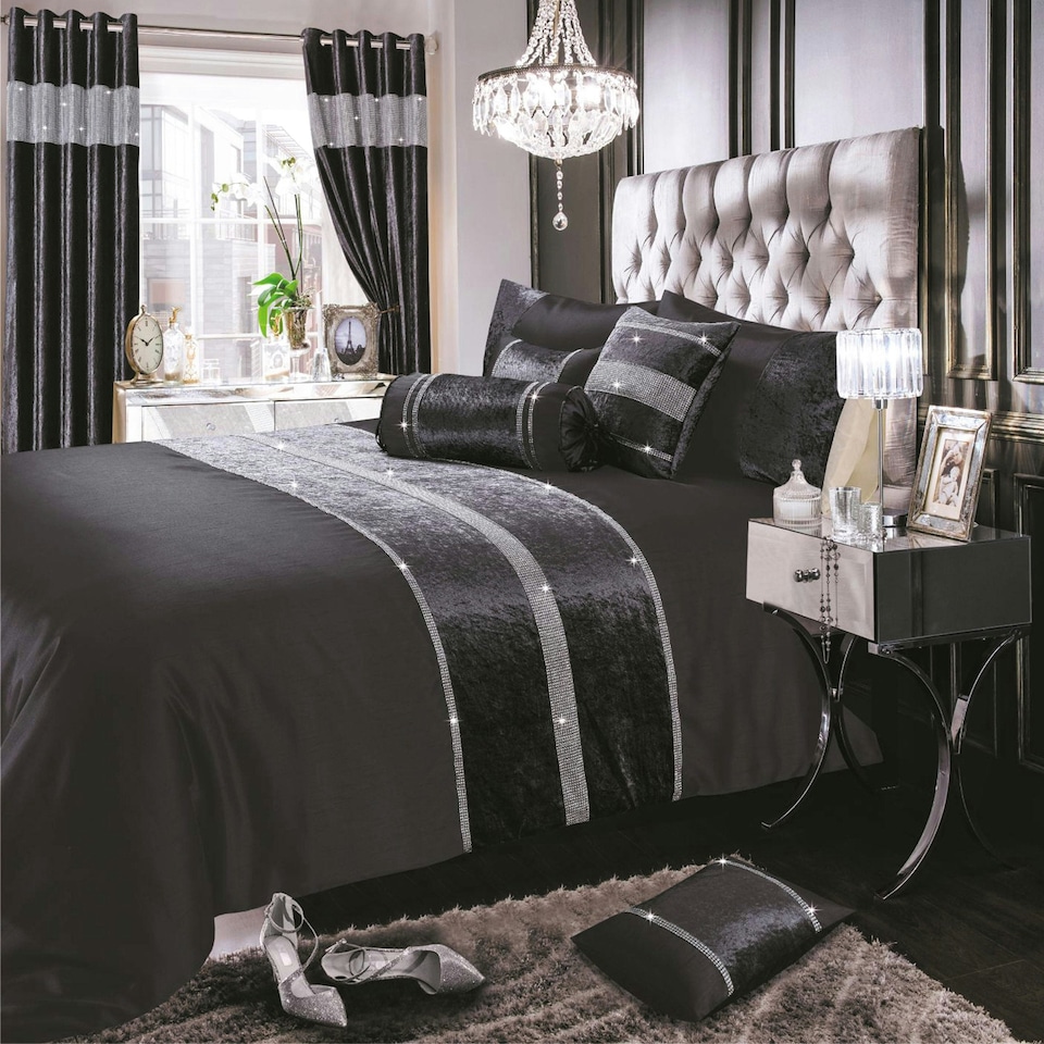 Intimates Topaz Crushed Velvet Diamante Duvet Cover & Pillowcase Set Grey | Charcoal | Super King