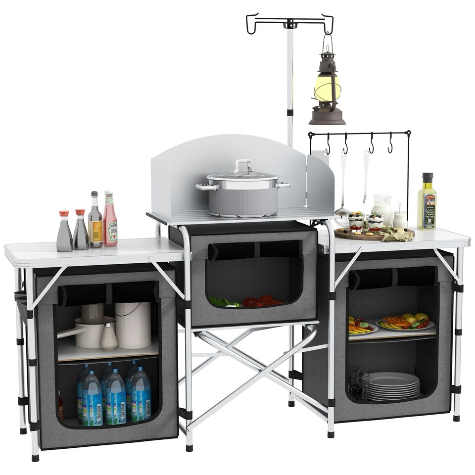image 1 of Outsunny Portable Folding Camping Kitchen with Windshield Light Stand Carry Bag