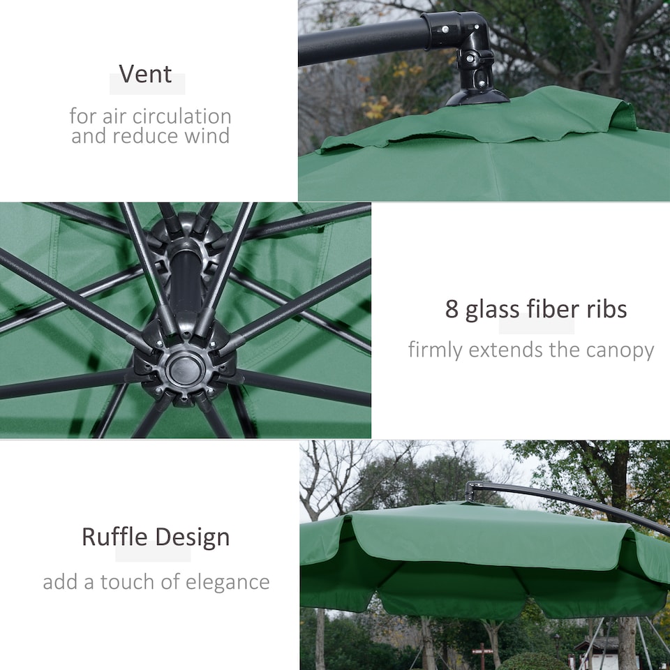 image 1 of Outsunny 2.7m Garden Banana Parasol Cantilever Umbrella with Crank Handle and Cross Base for Outdoor, Hanging Sun Shade, Green