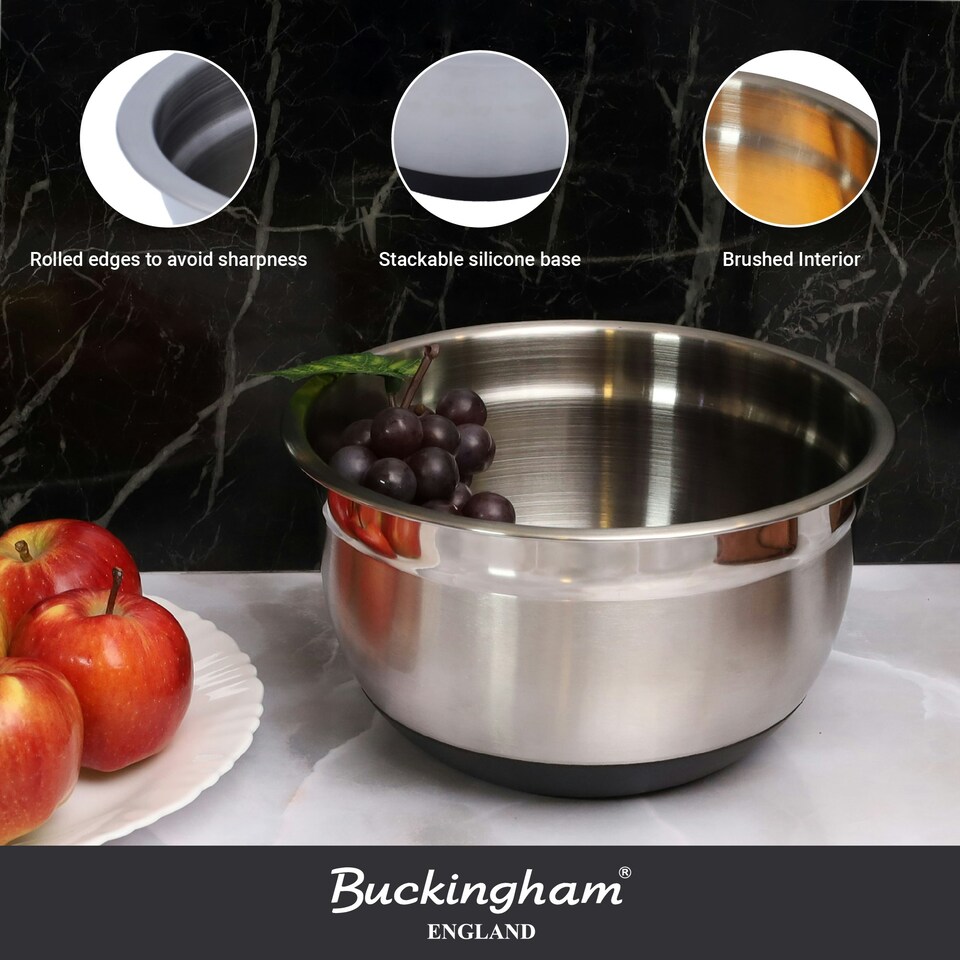 image 1 of Buckingham Stainless Steel Deep Salad / Mixing bowl with black silicone base 2.7 Litre/ 21.5 cm