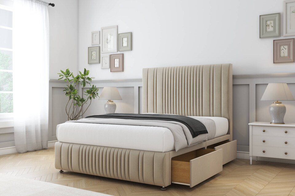 image 1 of Sloomy Kingsley Almond Coniston Divan Bed With Mattress 2 Drawers Footend With 54" Floor Standing Headboard & 12" Matching Footboard 4'6 Double | Cream | Almond | Double | 1