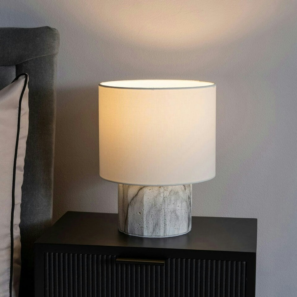 image 1 of ValueLights Melanie White Marble Effect Table Lamp with White Linen Lamp Shade & Bulb | White