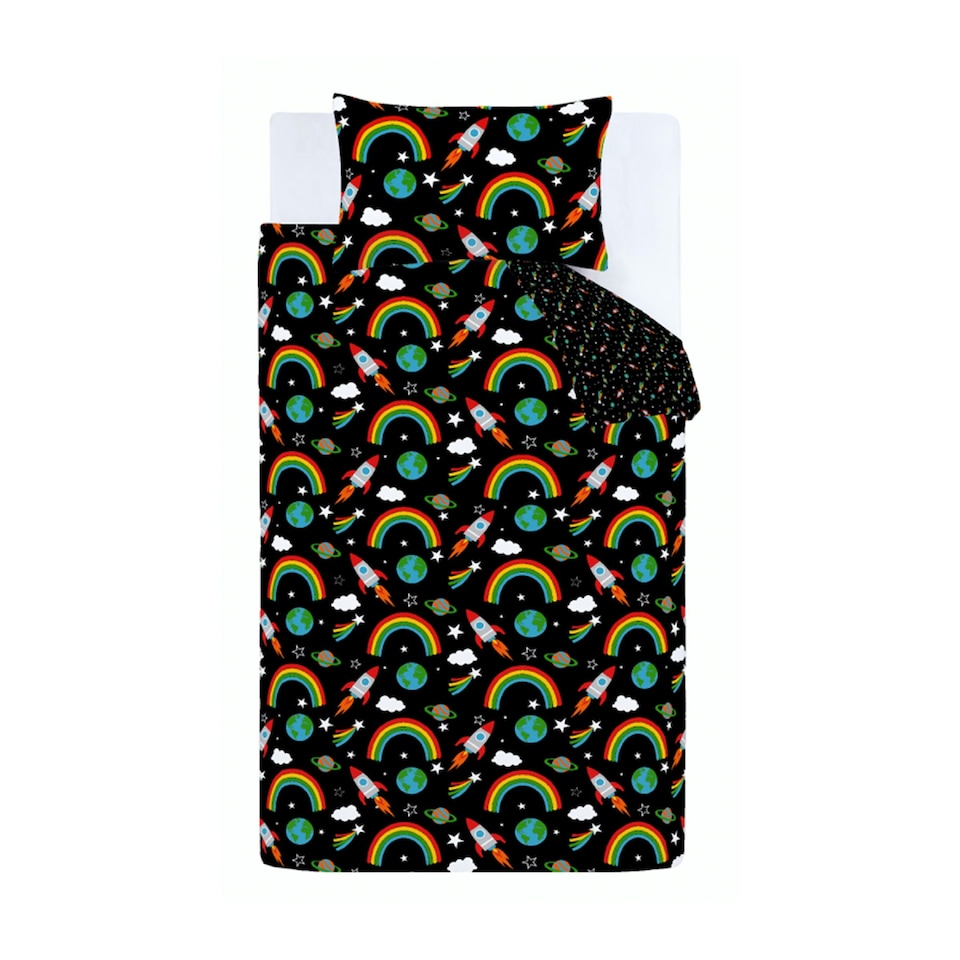 image 1 of Catherine Lansfield Rainbow Rockets Reversible Duvet Cover Set Black | Black | Double