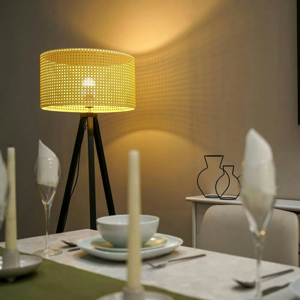 image 1 of ValueLights Barbro Black Tripod Floor Lamp Wicker Shade & Bulb