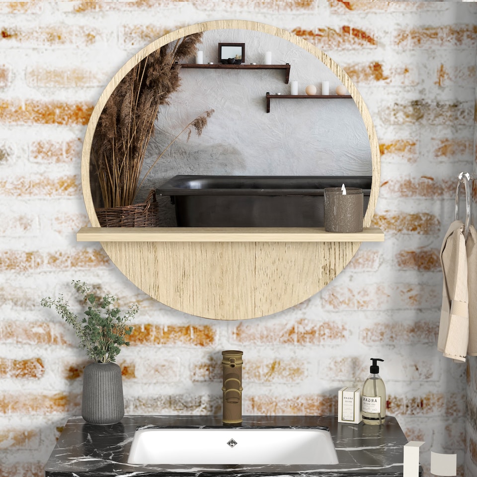 image 1 of kleankin 45cm Wall Mounted Bathroom Mirror, Round Mirror with Shelf, Framed Makeup Mirror for Home Decoration, Natural Wood Effect