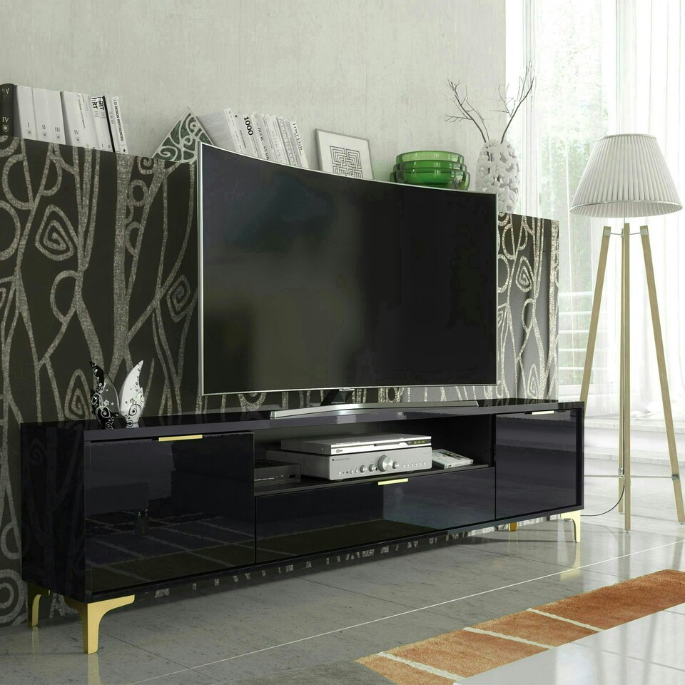 image 1 of TV Unit 200cm Black Gloss Doors with Gold Legs and Centre Drawer Black
