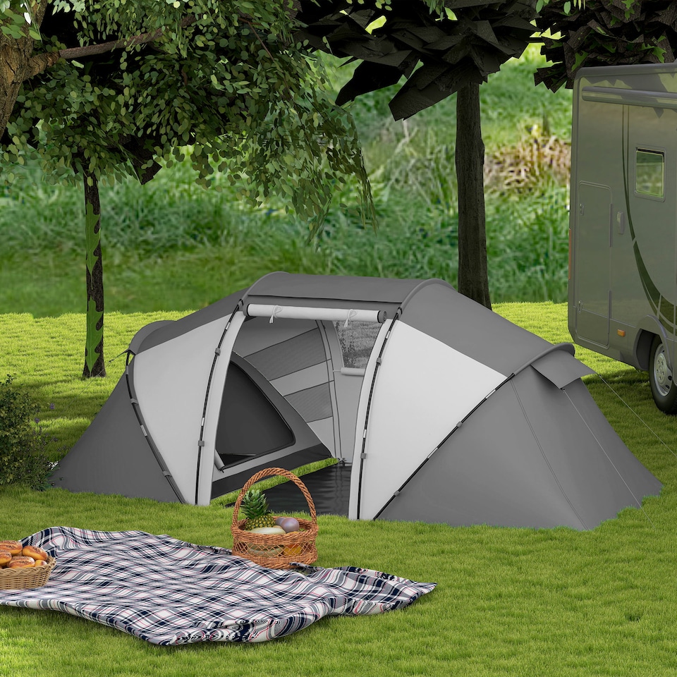 image 1 of Outsunny 4-6 Persons Camping Tent Dome Family Travel Group Hiking Room Fishing | Grey | Charcoal Grey and White