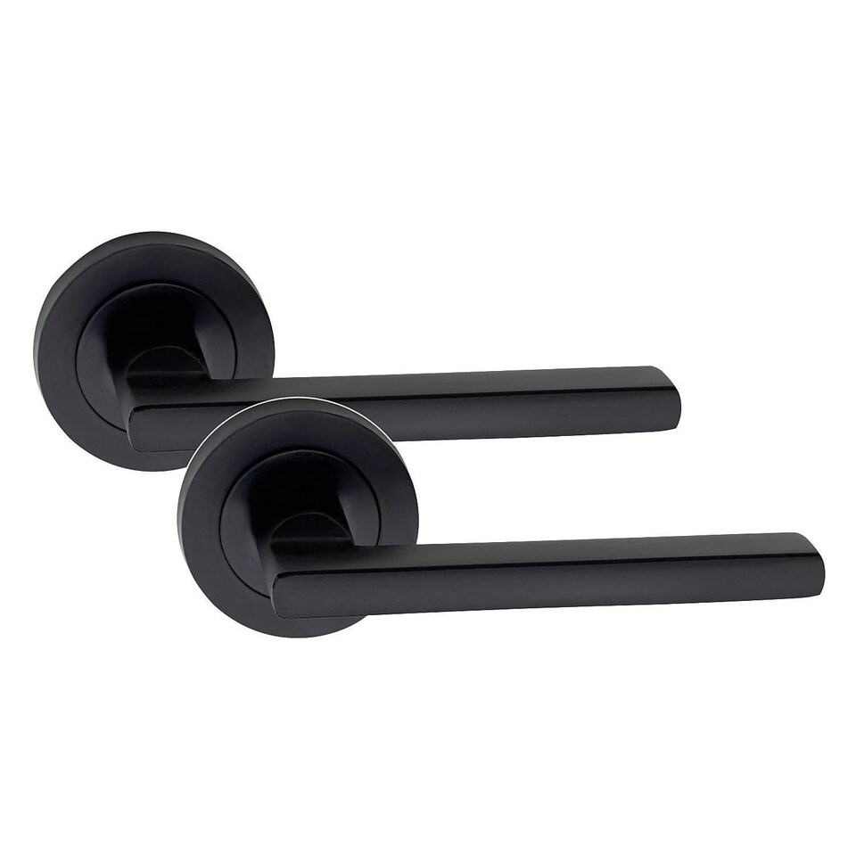 image 1 of Golden Grace Leon Design Door Handles Set on Round Rose in Matt Black Finish with 64mm 3 Lever Mortise Lock and Key Hole Black