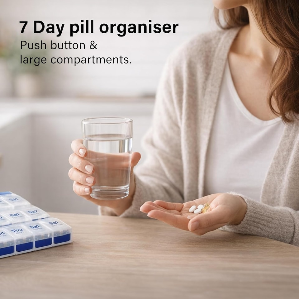 image 1 of 7 Day Pill Organizer Push Button Box Large Compartments Compact Spill-Proof Home