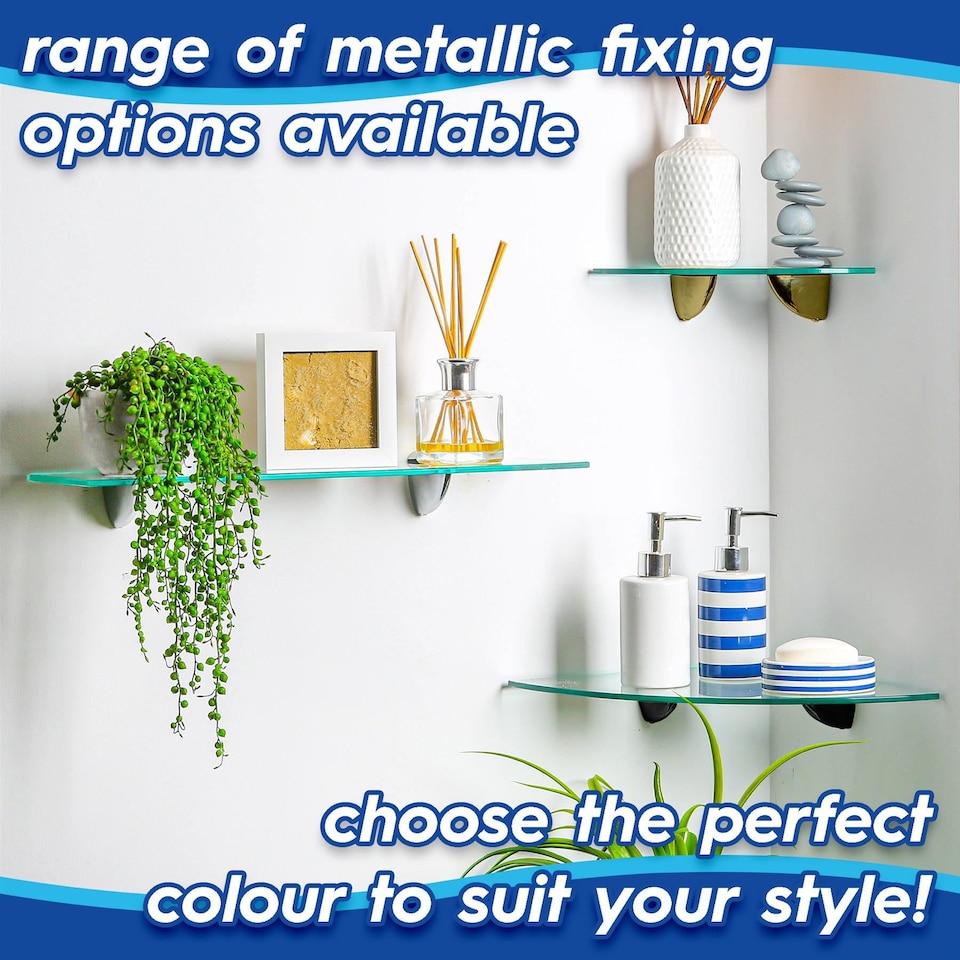 image 1 of Harbour Housewares 3x Rounded Floating Glass Shelves - 50cm - Black Brackets - Bathroom Shower Storage Vanity Display Unit Shelf | Black | Clear/Black | 50 x 13 x 0.5 CM | 3