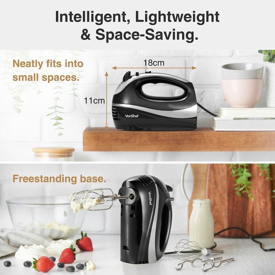 image 1 of VonShef 300W Black Hand Mixer Electric Whisk with 5 Speeds