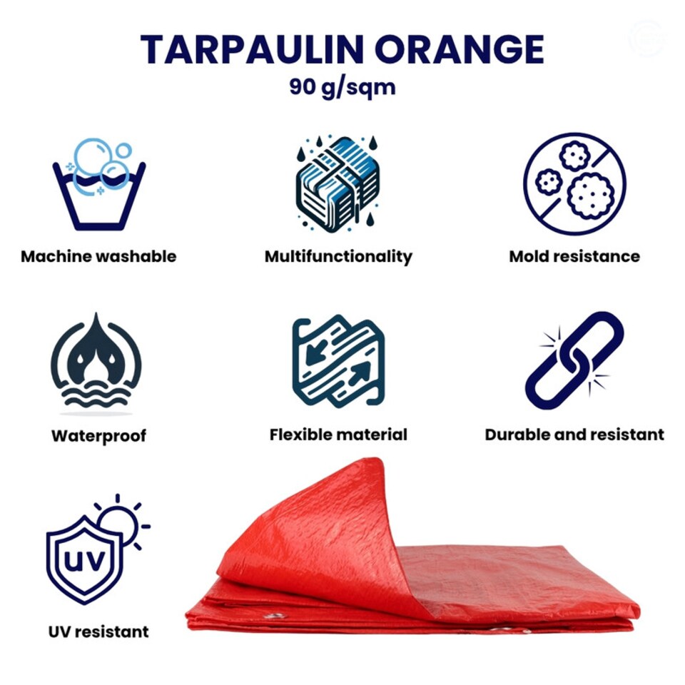 image 1 of Orange Waterproof Tarpaulin 90gsm Reinforced Camping Cover Strong Lightweight 10x12