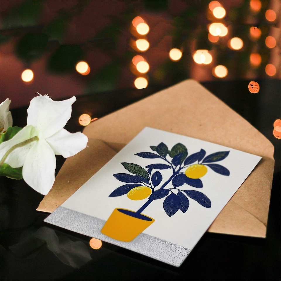 image 1 of Lemon Tree Plant Lover Yellow Blue Bright Simple Birthday Greeting Card
