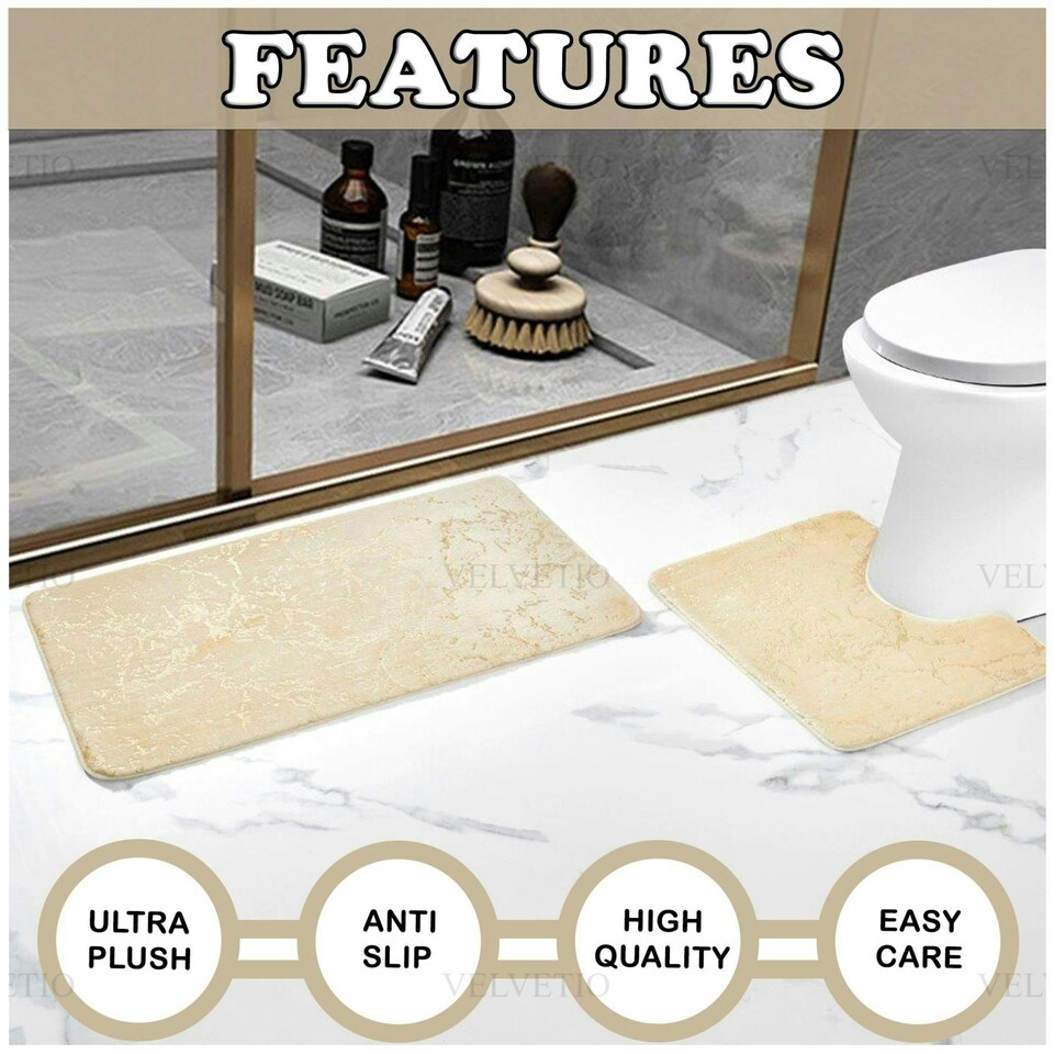 image 1 of VELVETIO Glitter Bath Mat Set Non Slip Water Absorbent Toilet Rugs Cream
