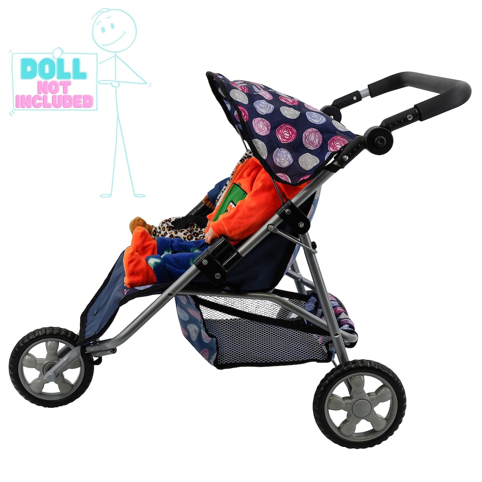 image 1 of BiBi Doll 3 Wheeler Twin Dolls Blue Pushchair Toy with Canopy & Basket For Up To 20" Dolls